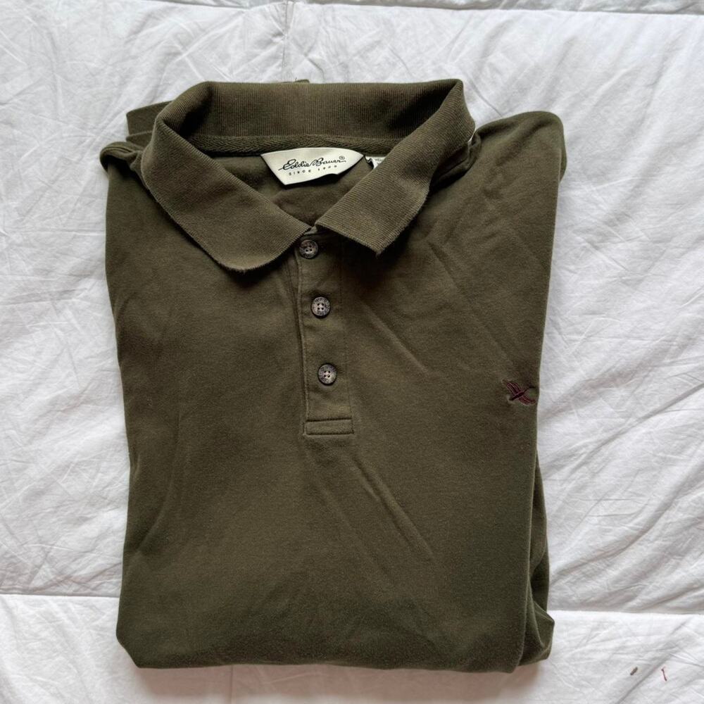 eddie Bauer Olive‎ green soft long sleeve polo shirt  XXL grunge preppy academia